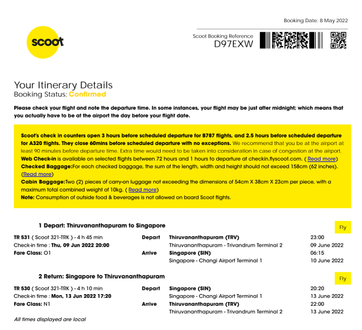 Fly Scoot flight ticket Trivandrum Singapore budget India