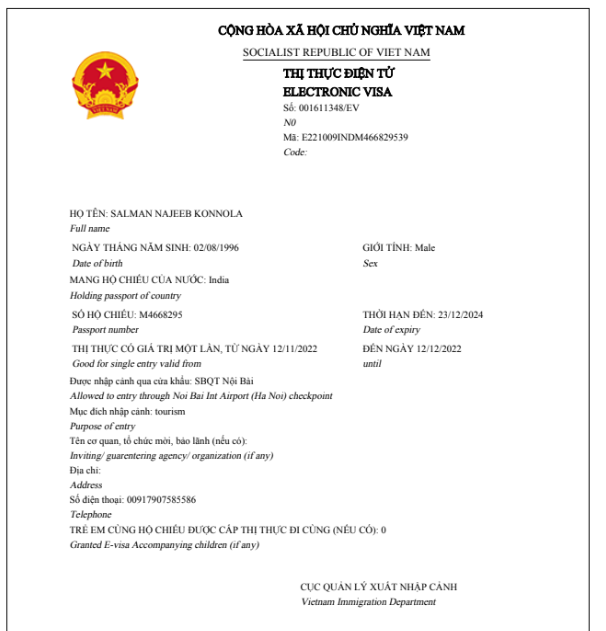 Vietnam Vietnam e-visa approved Indian passport 2022
