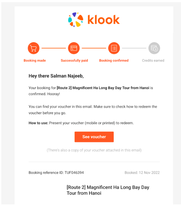 Vietnam Klook voucher Halong Bay day trip booking confirmation